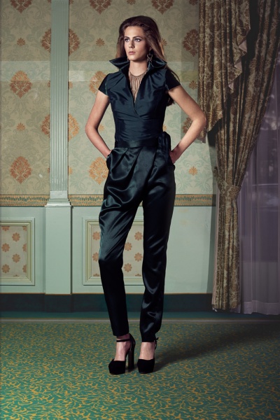 Satin trouser with short sleeve wrap around blouse